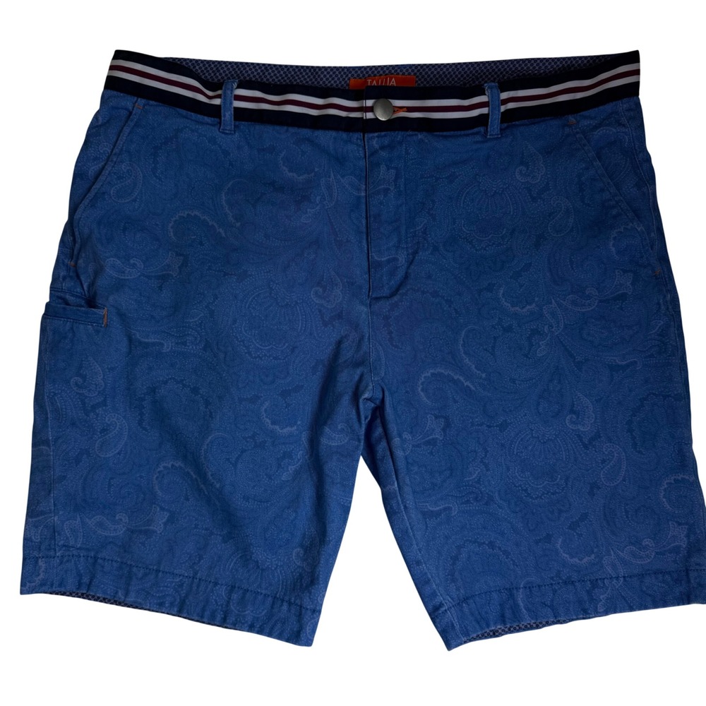 Tallia Sport Paisley Shorts Mens 36‎ Blue Striped Waistband Flat Front Stretch